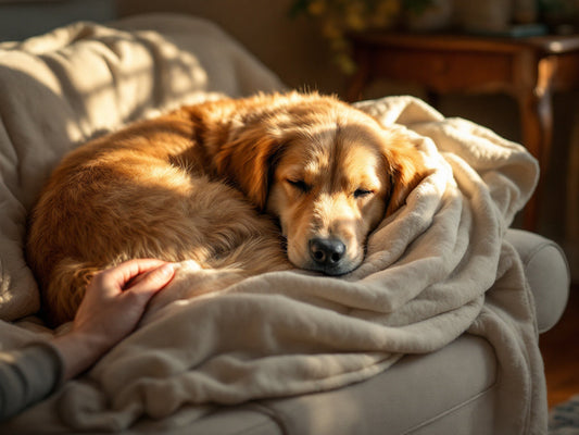 Chien apaisé blotti sous une couverture douce, endormi sur un canapé confortable, dans un intérieur chaleureux et rassurant.