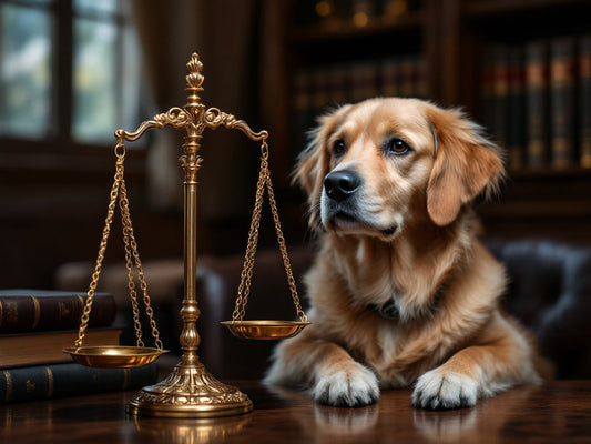 Un chien paisible assis à côté d’une balance de justice, dans une ambiance douce et engagée, symbolisant la défense des droits des animaux.