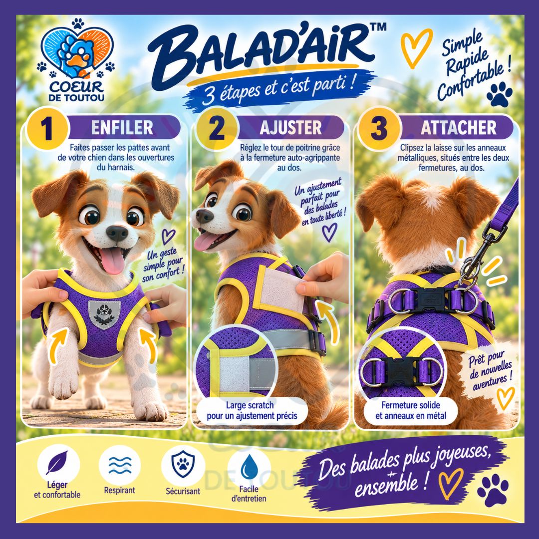 Harnais réfléchissant petit chien avec laisse 150 cm | BALAD’AIR™