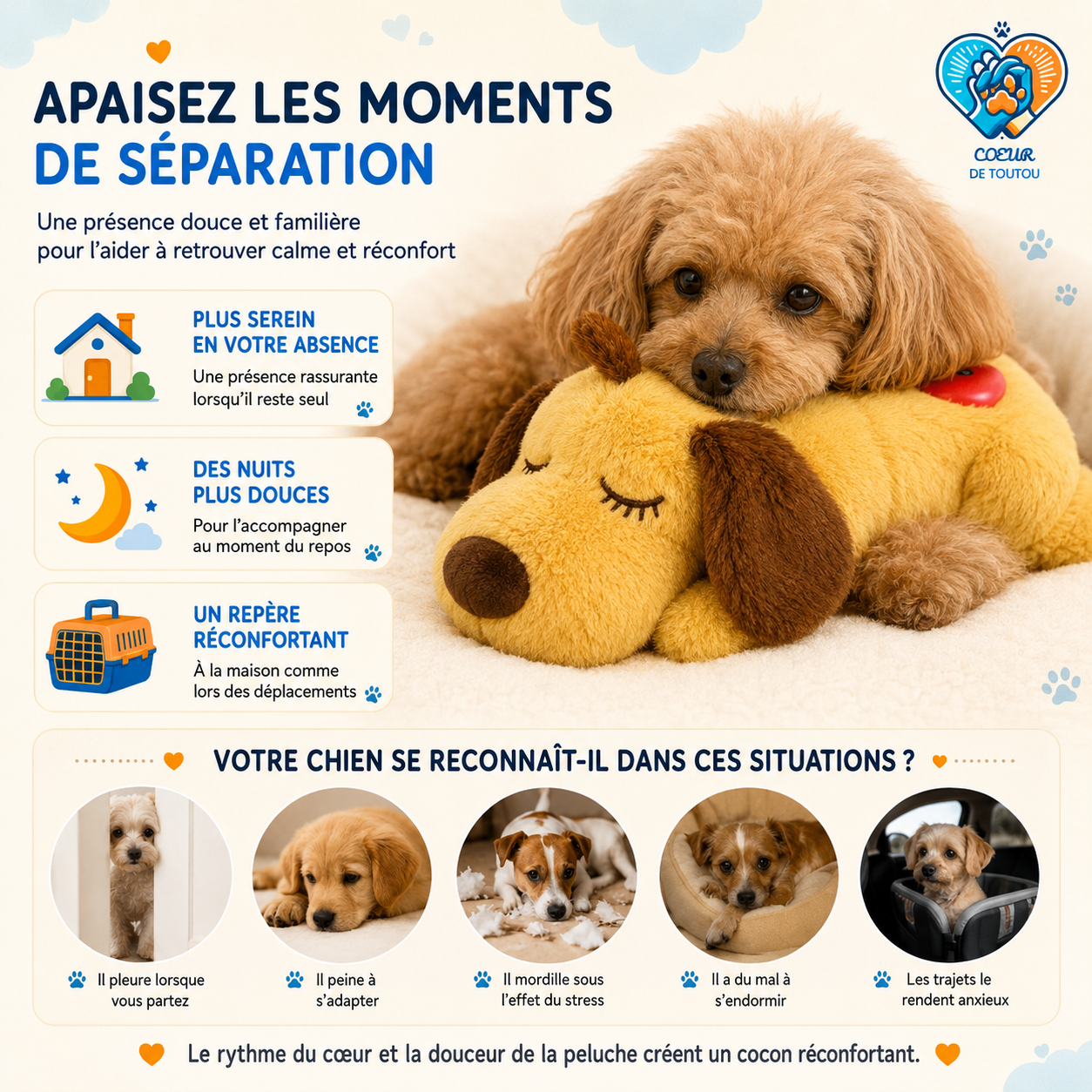 Peluche apaisante à battement de cœur pour chien et chat | Cœur’Doudou™