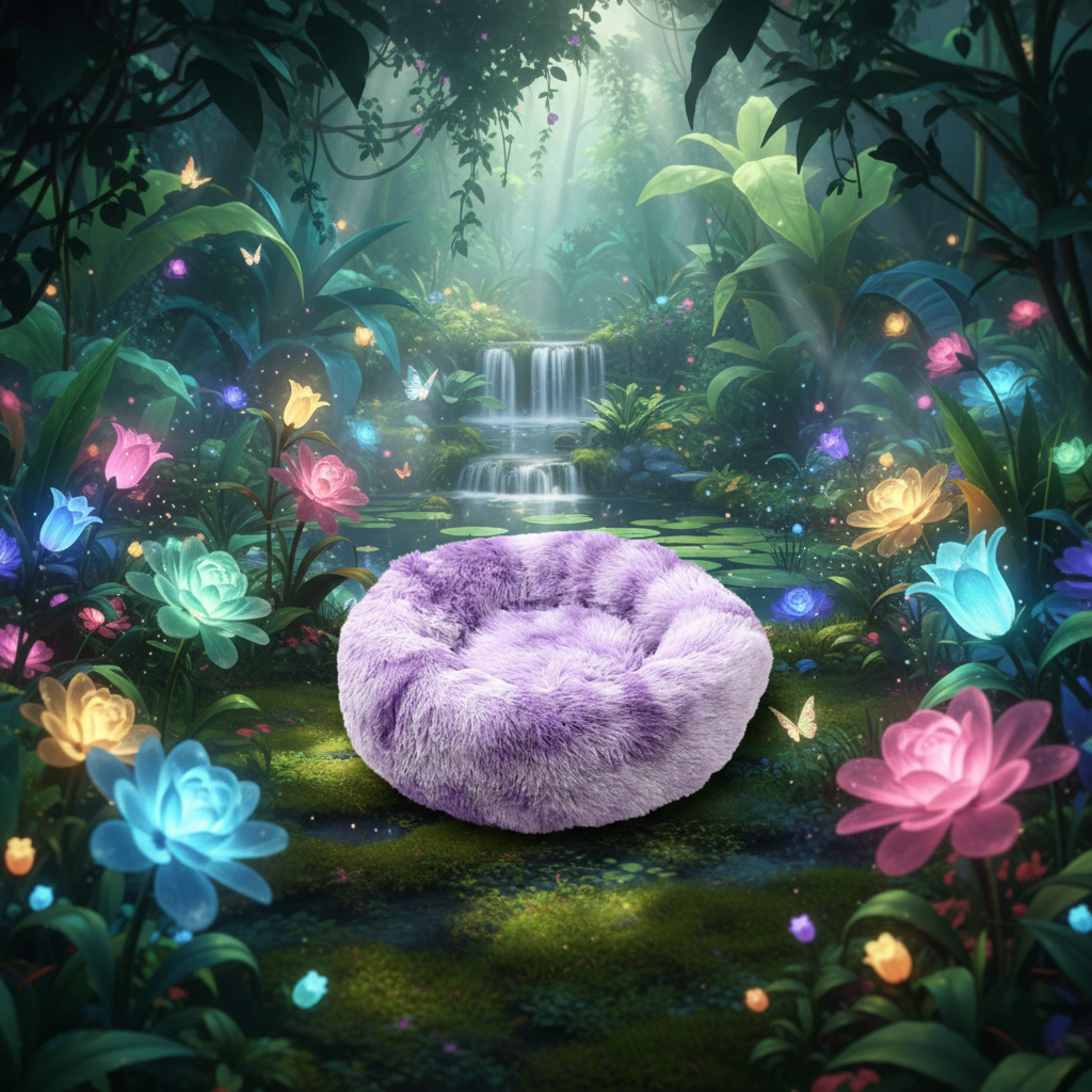 Coussin ergonomique pour chien SnowPuff par Coeur de Toutou, panier violet moelleux dans un jardin féerique lumineux
