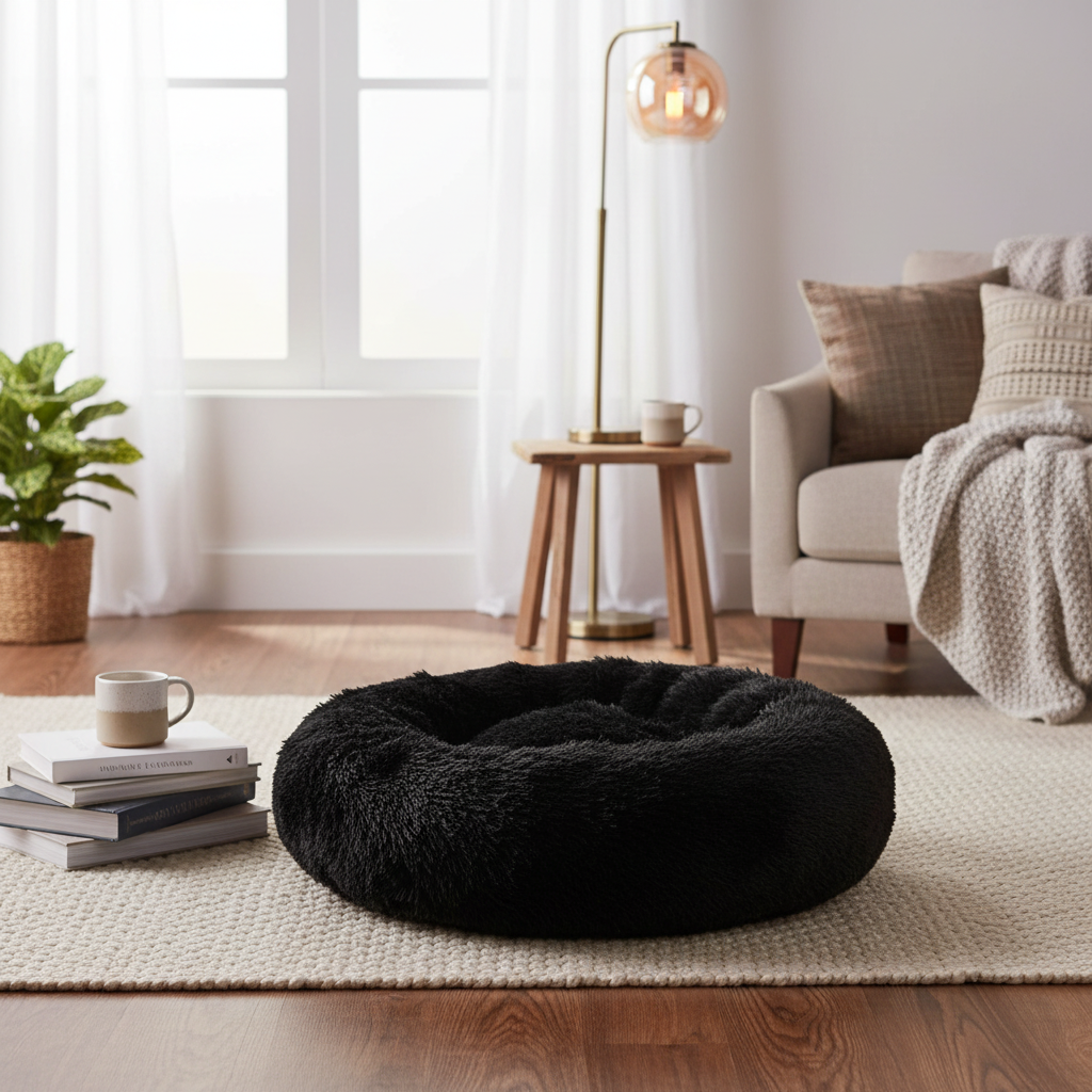 Panier pour chien Coeur de Toutou SnowPuff noir en peluche douce, design ergonomique rond pour un confort apaisant.