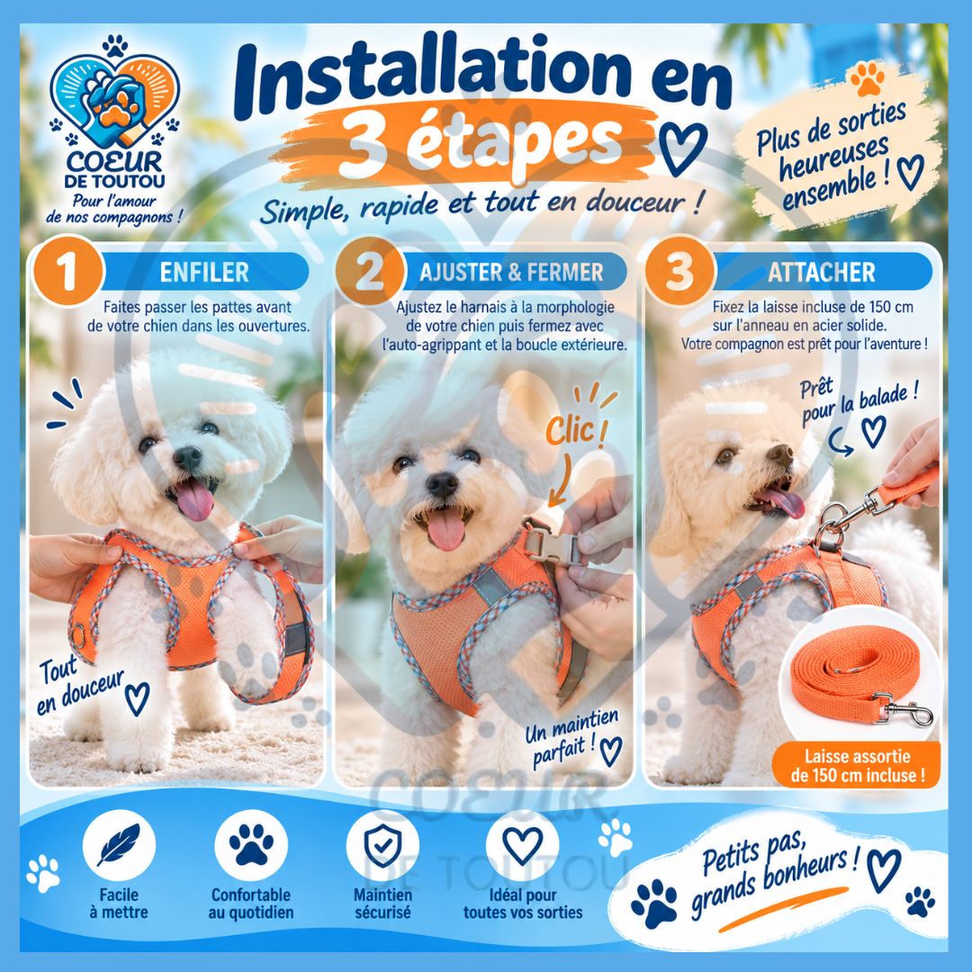 Harnais réfléchissant respirant petit chien + laisse | PRISM’AIR™