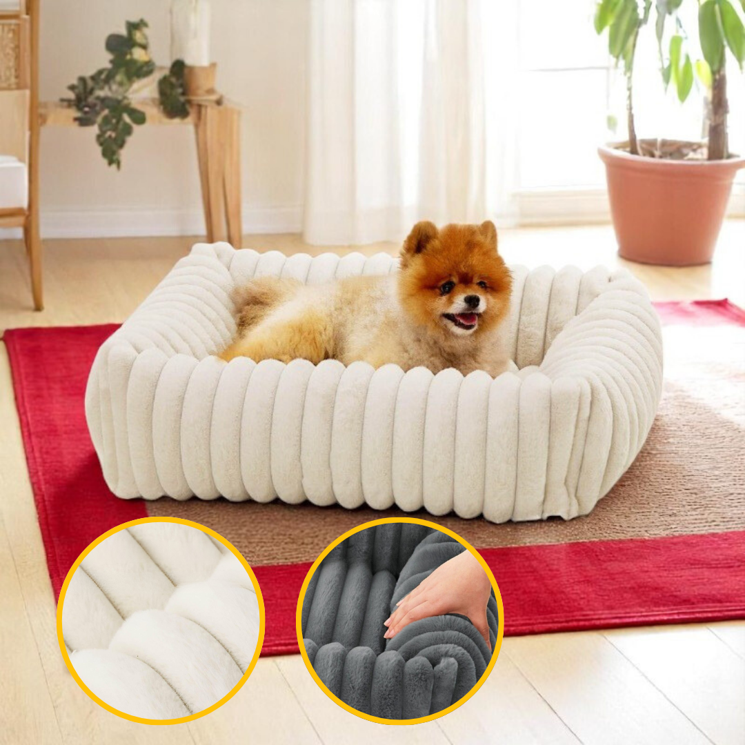 Zoom sur la texture ultra douce du coussin orthopédique pour chien, conçu pour apaiser et sécuriser.