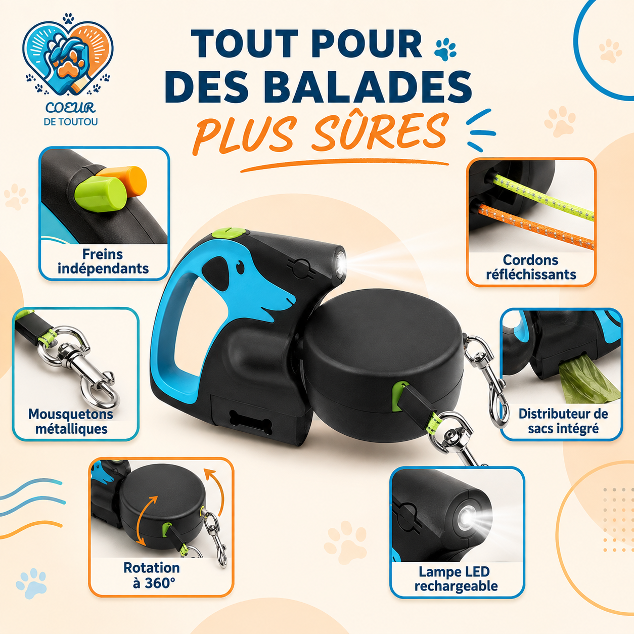 laisse enrouleur double pour chien