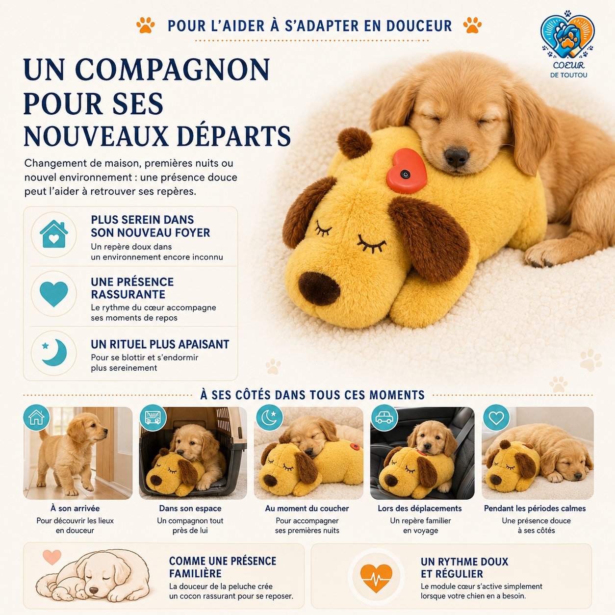 Peluche apaisante à battement de cœur pour chien et chat | Cœur’Doudou™