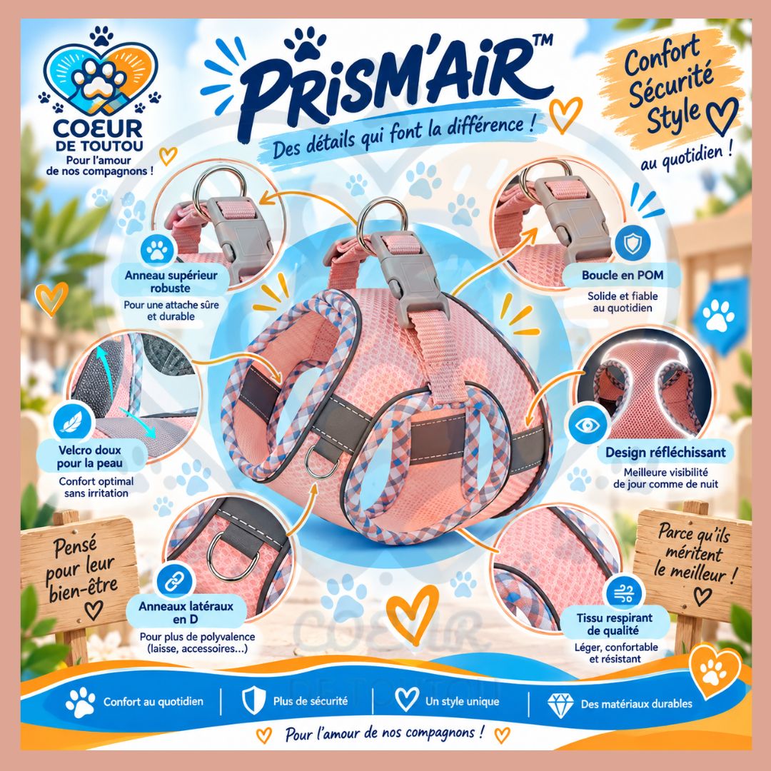 Harnais réfléchissant respirant petit chien + laisse | PRISM’AIR™