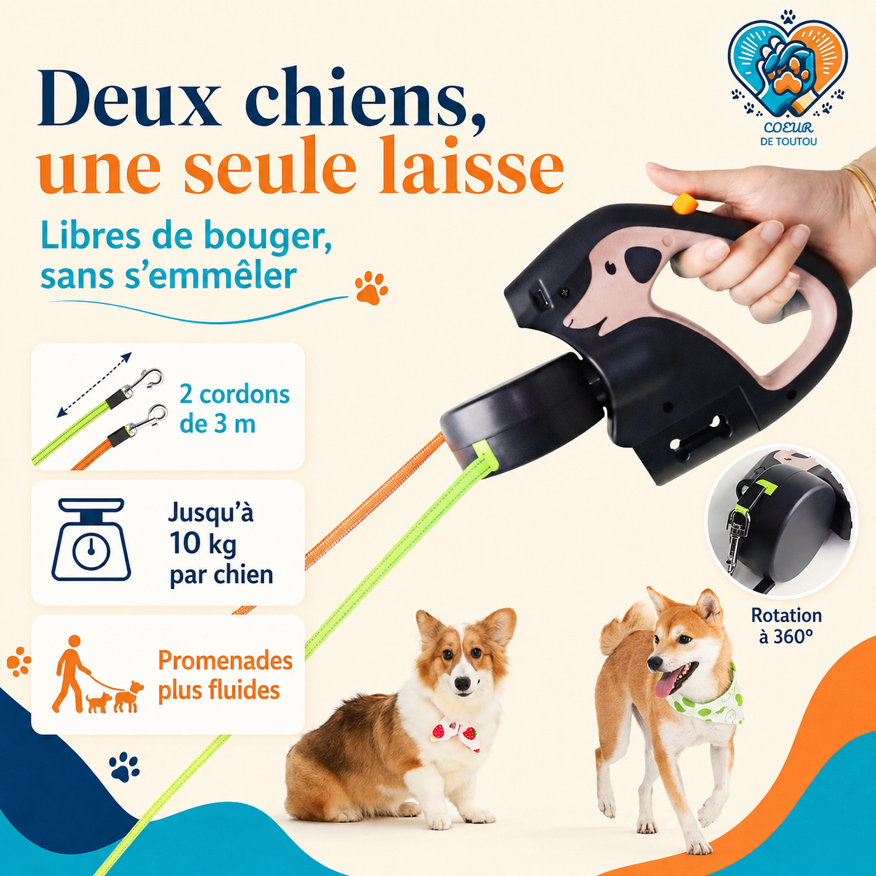 laisse enrouleur double pour chien