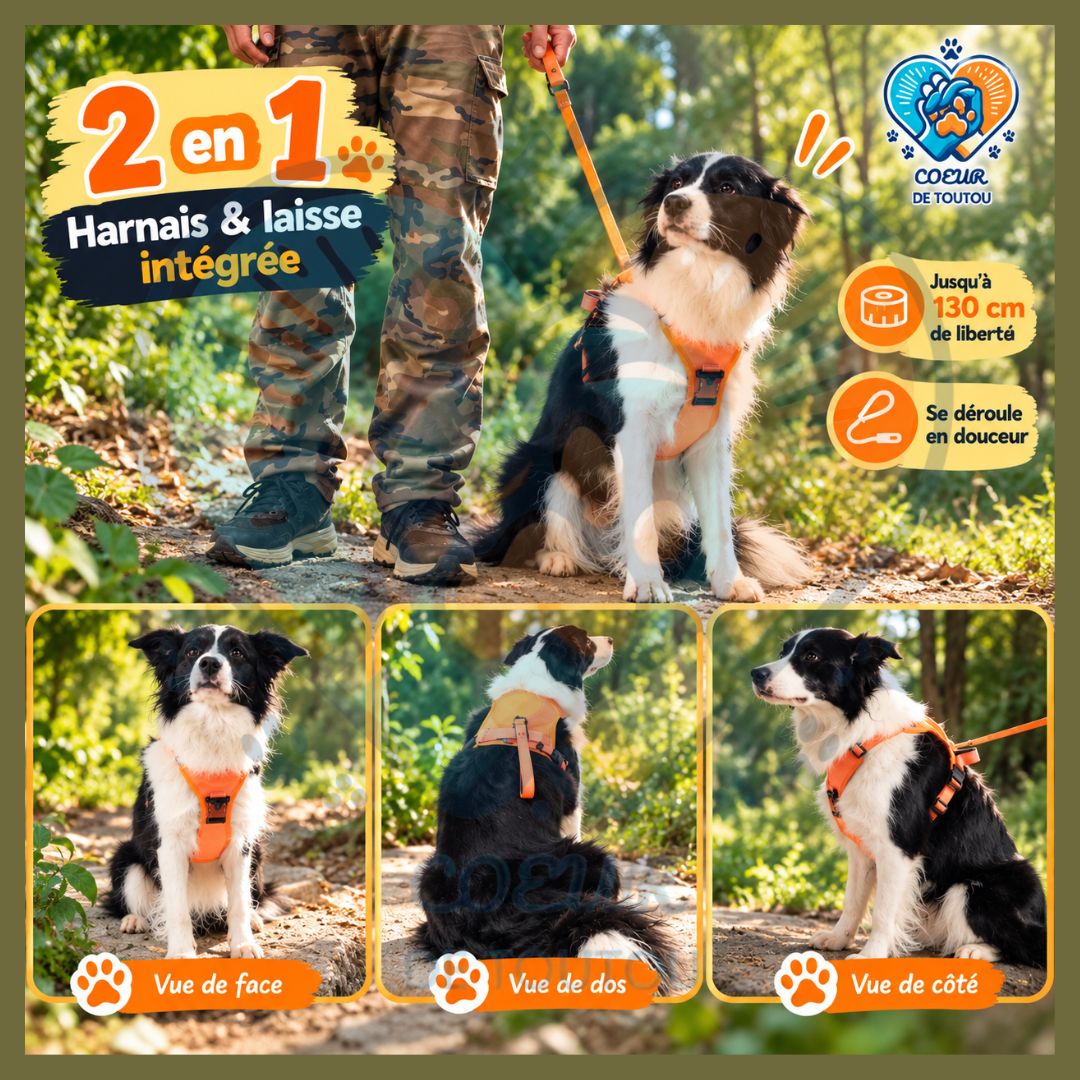 Harnais chien avec laisse rétractable intégrée | FREELINK™