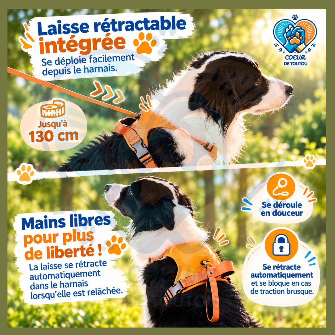 Harnais chien avec laisse rétractable intégrée | FREELINK™