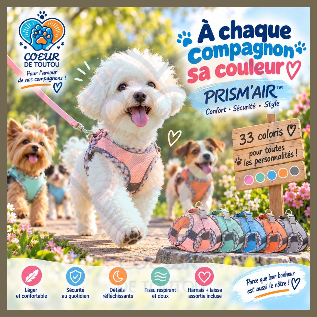 Harnais réfléchissant respirant petit chien + laisse | PRISM’AIR™