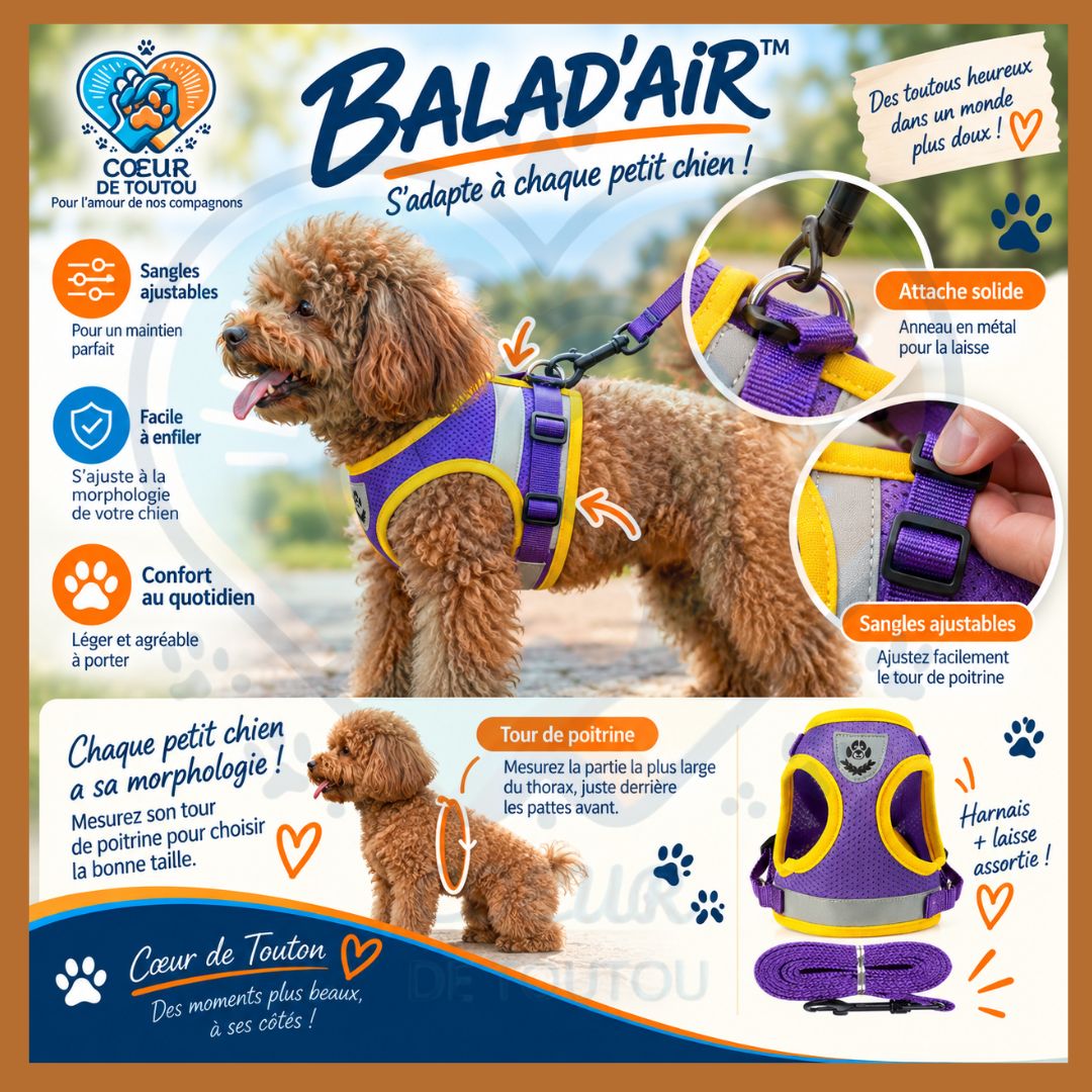Harnais réfléchissant petit chien avec laisse 150 cm | BALAD’AIR™