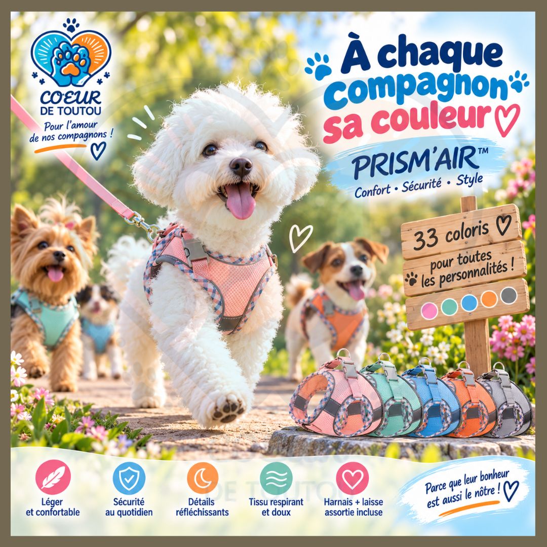 Harnais réfléchissant respirant petit chien + laisse | PRISM’AIR™