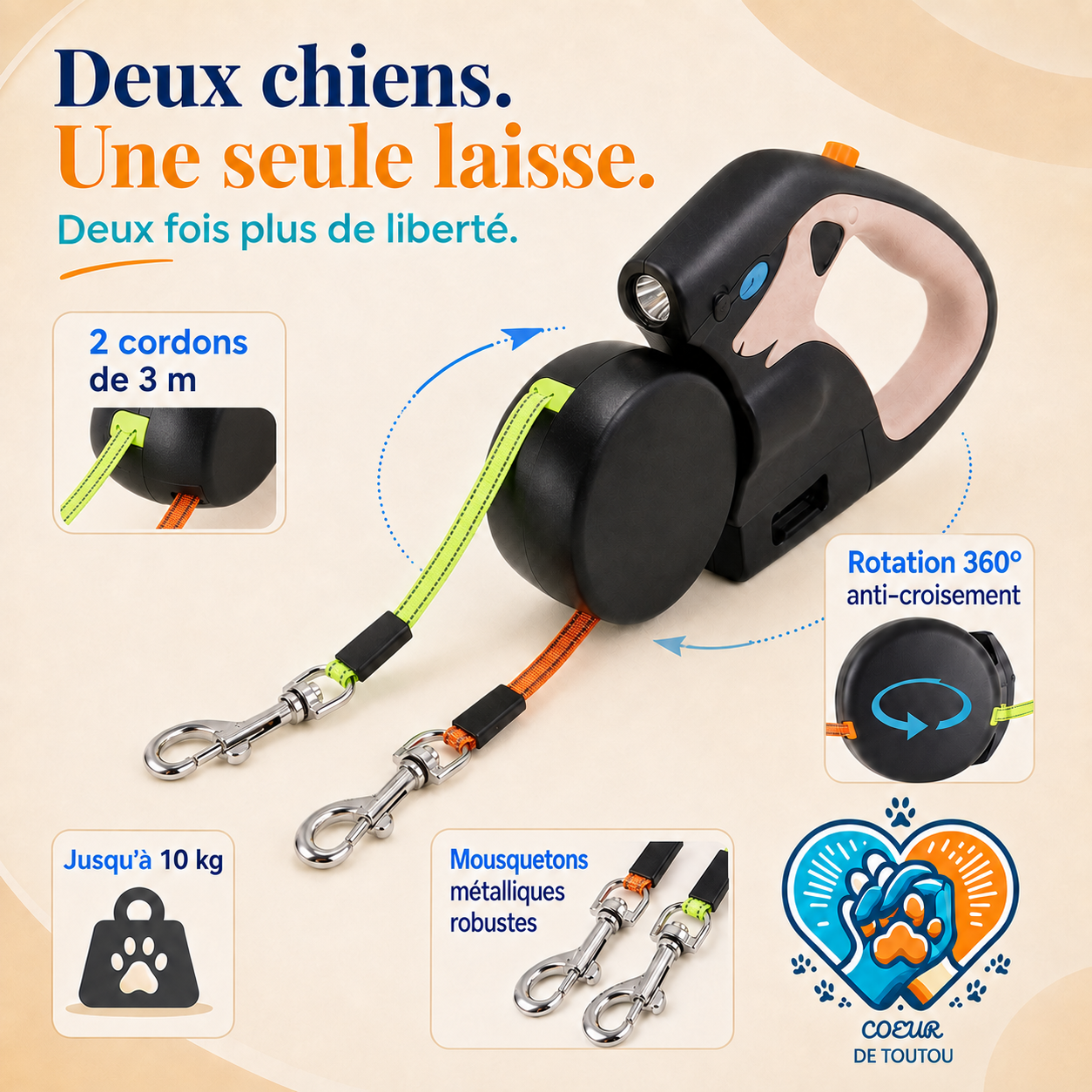 laisse enrouleur double pour chien