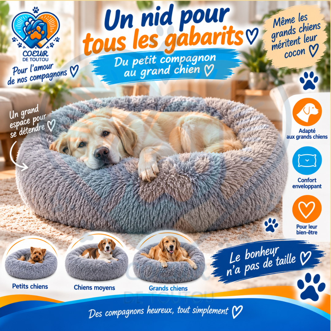 Panier pour chien Coeur de Toutou SnowPuff noir en peluche douce, design ergonomique rond pour un confort apaisant.