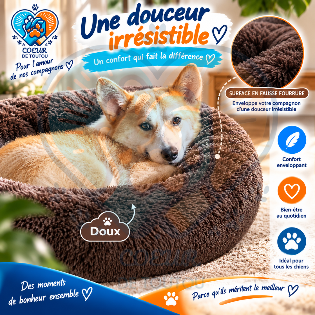 Panier pour chien Coeur de Toutou SnowPuff noir en peluche douce, design ergonomique rond pour un confort apaisant.