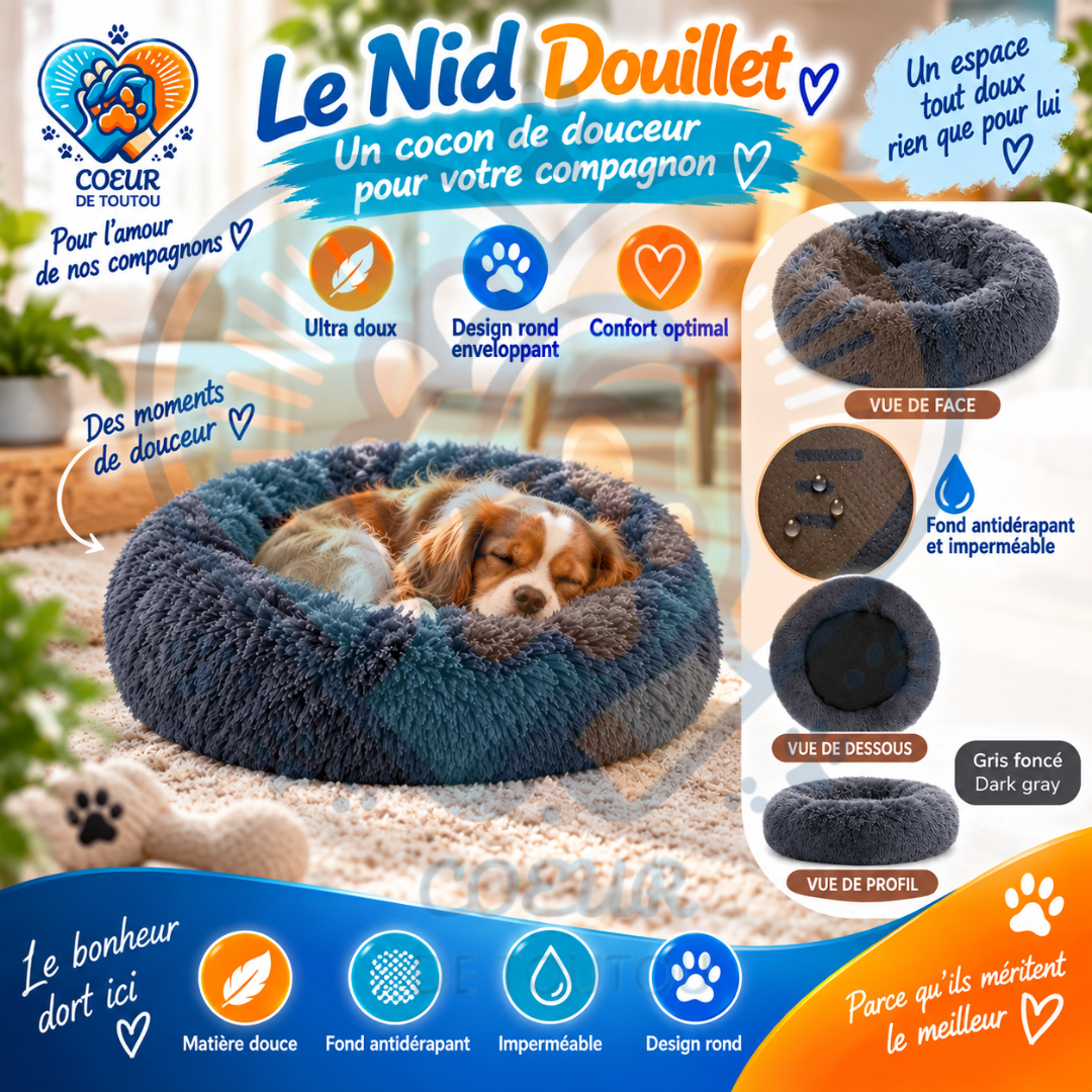 Panier pour chien Coeur de Toutou SnowPuff noir en peluche douce, design ergonomique rond pour un confort apaisant.