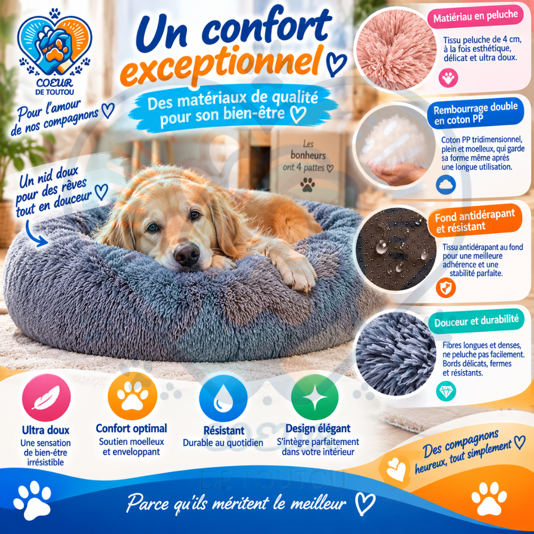 Panier pour chien Coeur de Toutou SnowPuff noir en peluche douce, design ergonomique rond pour un confort apaisant.