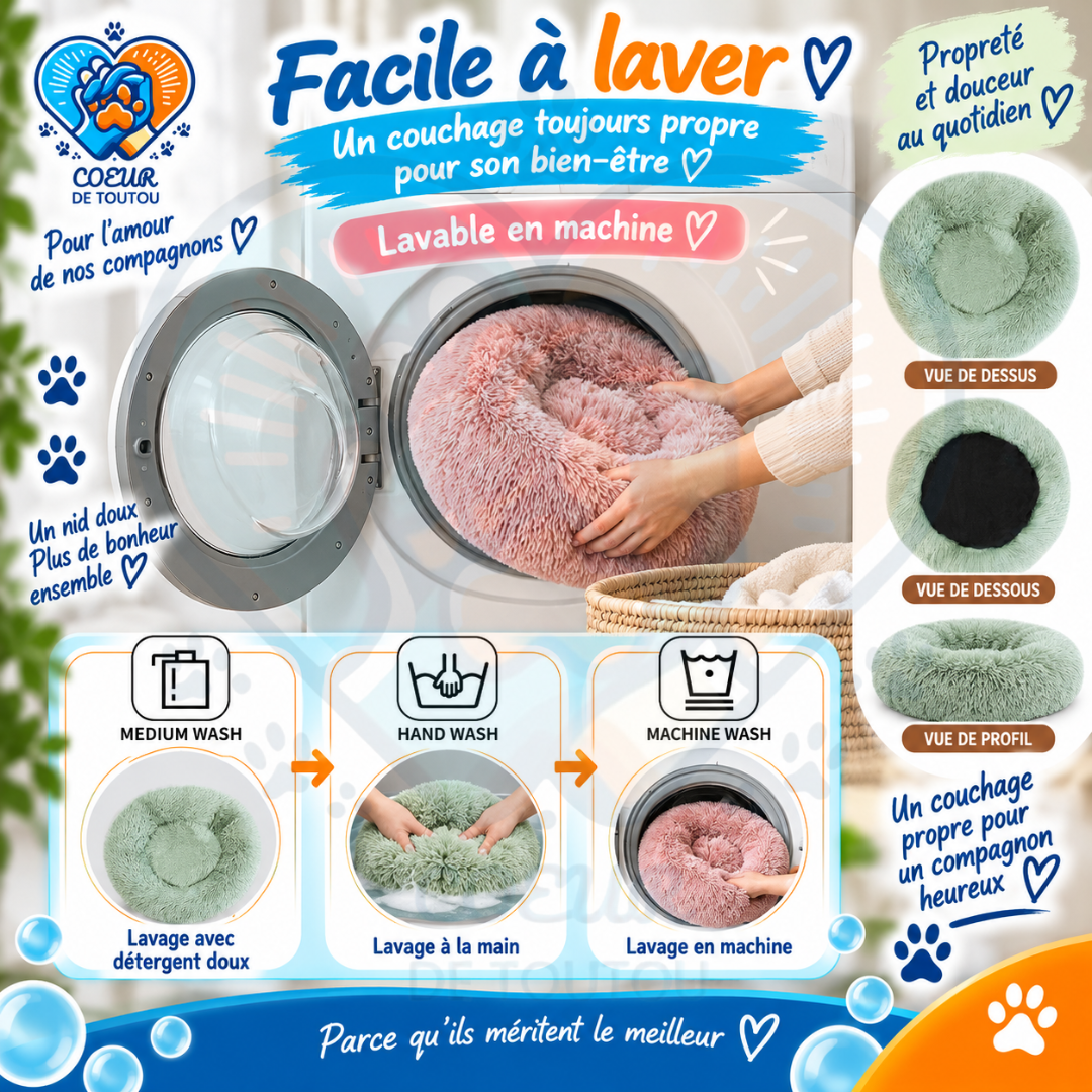 Panier pour chien Coeur de Toutou SnowPuff noir en peluche douce, design ergonomique rond pour un confort apaisant.