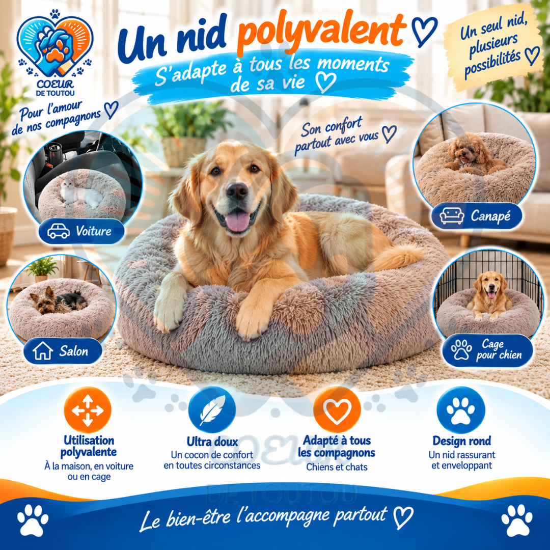 Panier pour chien Coeur de Toutou SnowPuff noir en peluche douce, design ergonomique rond pour un confort apaisant.