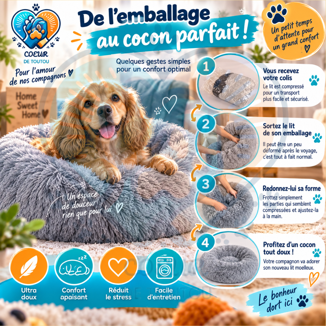 Panier pour chien Coeur de Toutou SnowPuff noir en peluche douce, design ergonomique rond pour un confort apaisant.