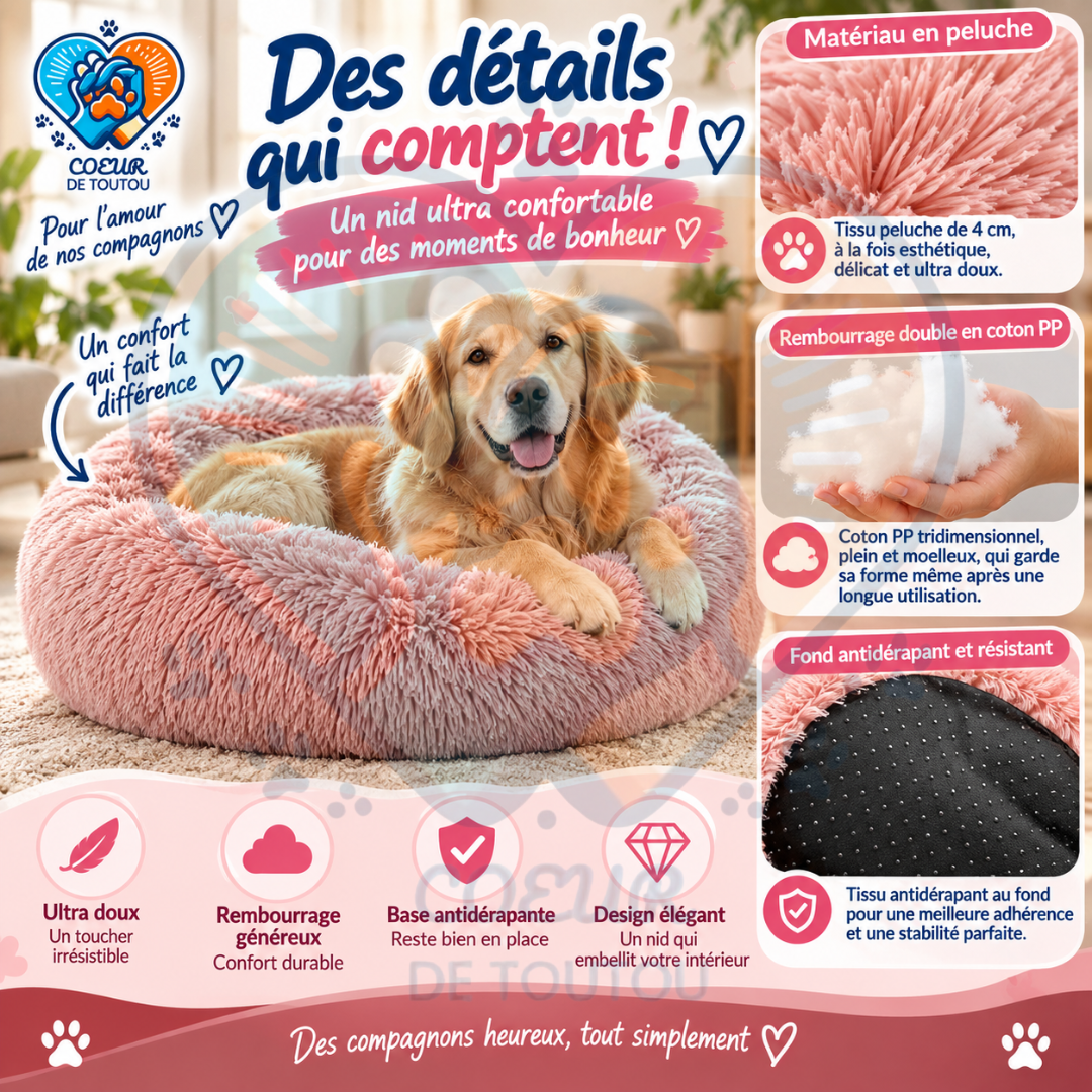 Panier pour chien Coeur de Toutou SnowPuff noir en peluche douce, design ergonomique rond pour un confort apaisant.