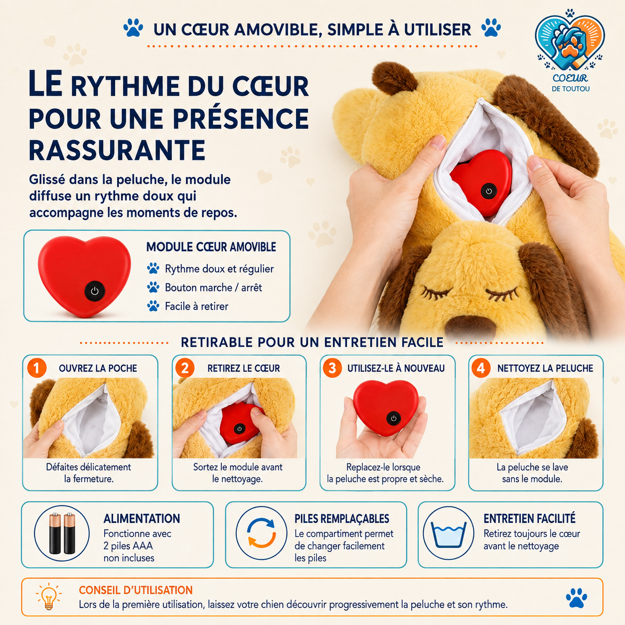 Peluche apaisante à battement de cœur pour chien et chat | Cœur’Doudou™