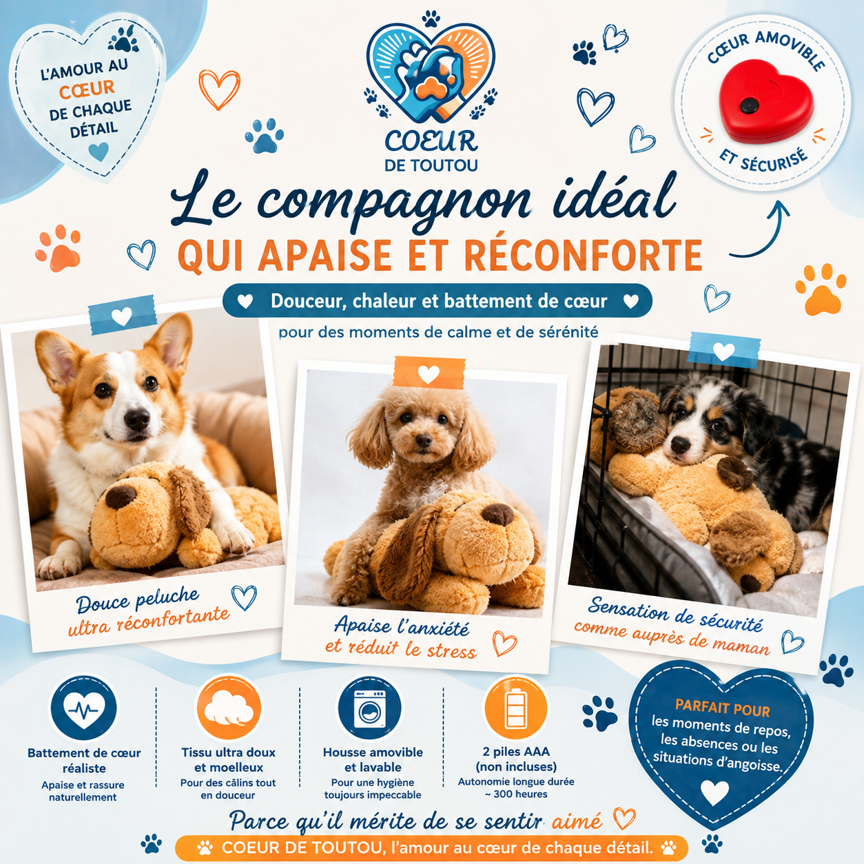 Peluche apaisante à battement de cœur pour chien et chat | Cœur’Doudou™