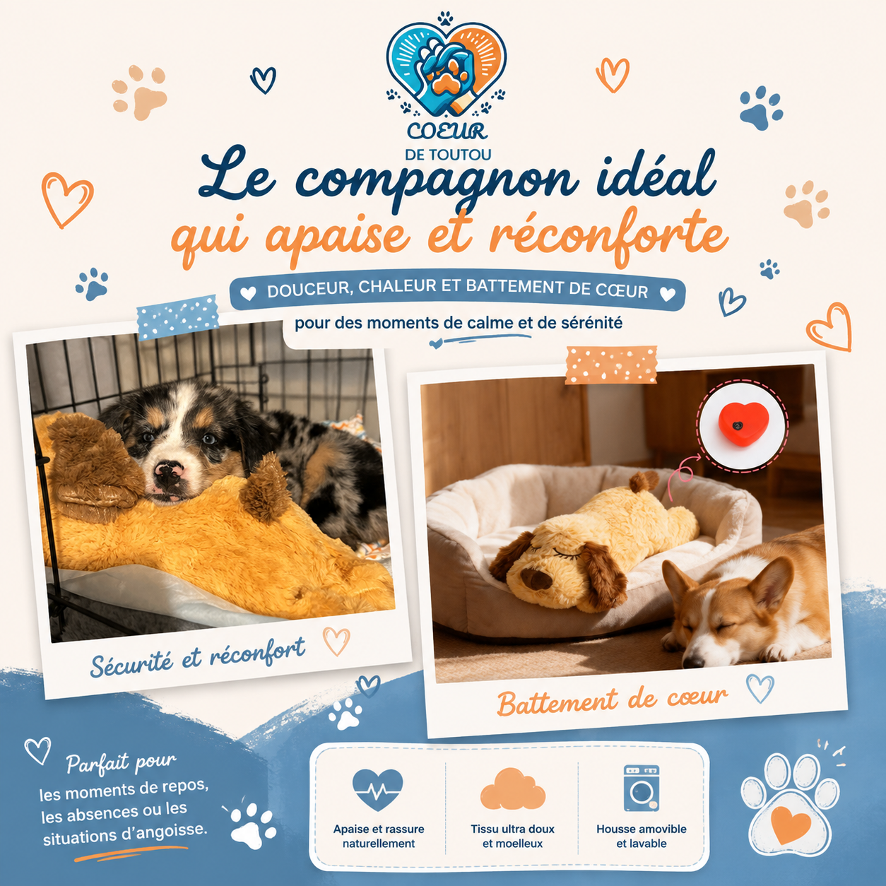 Peluche apaisante à battement de cœur pour chien et chat | Cœur’Doudou™