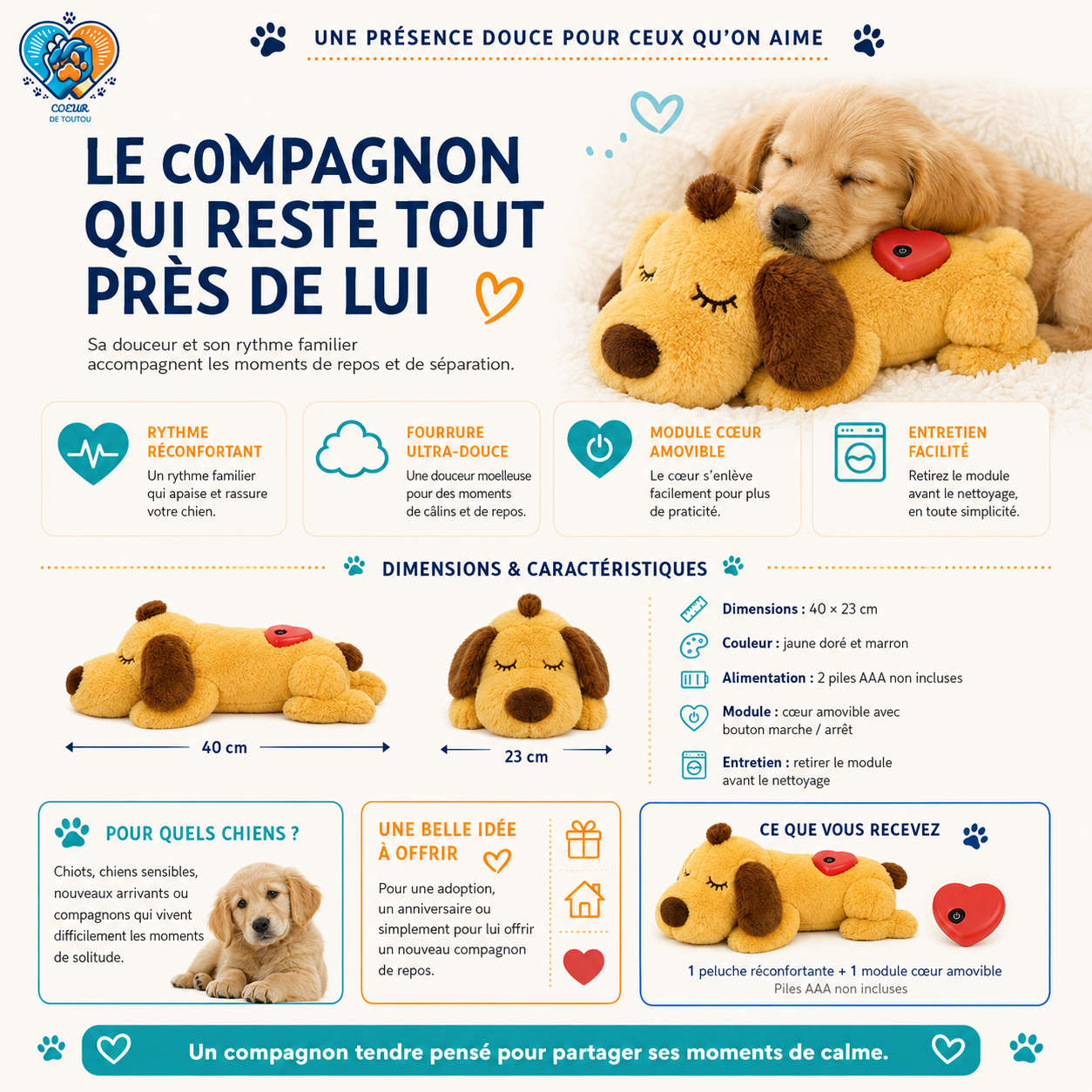 Peluche apaisante à battement de cœur pour chien et chat | Cœur’Doudou™