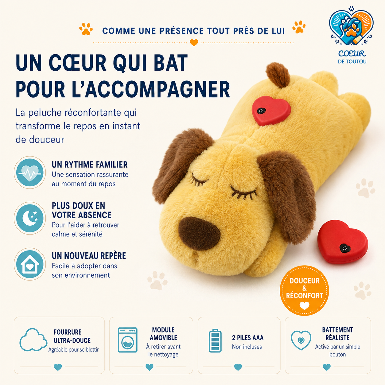 Peluche apaisante à battement de cœur pour chien et chat | Cœur’Doudou™