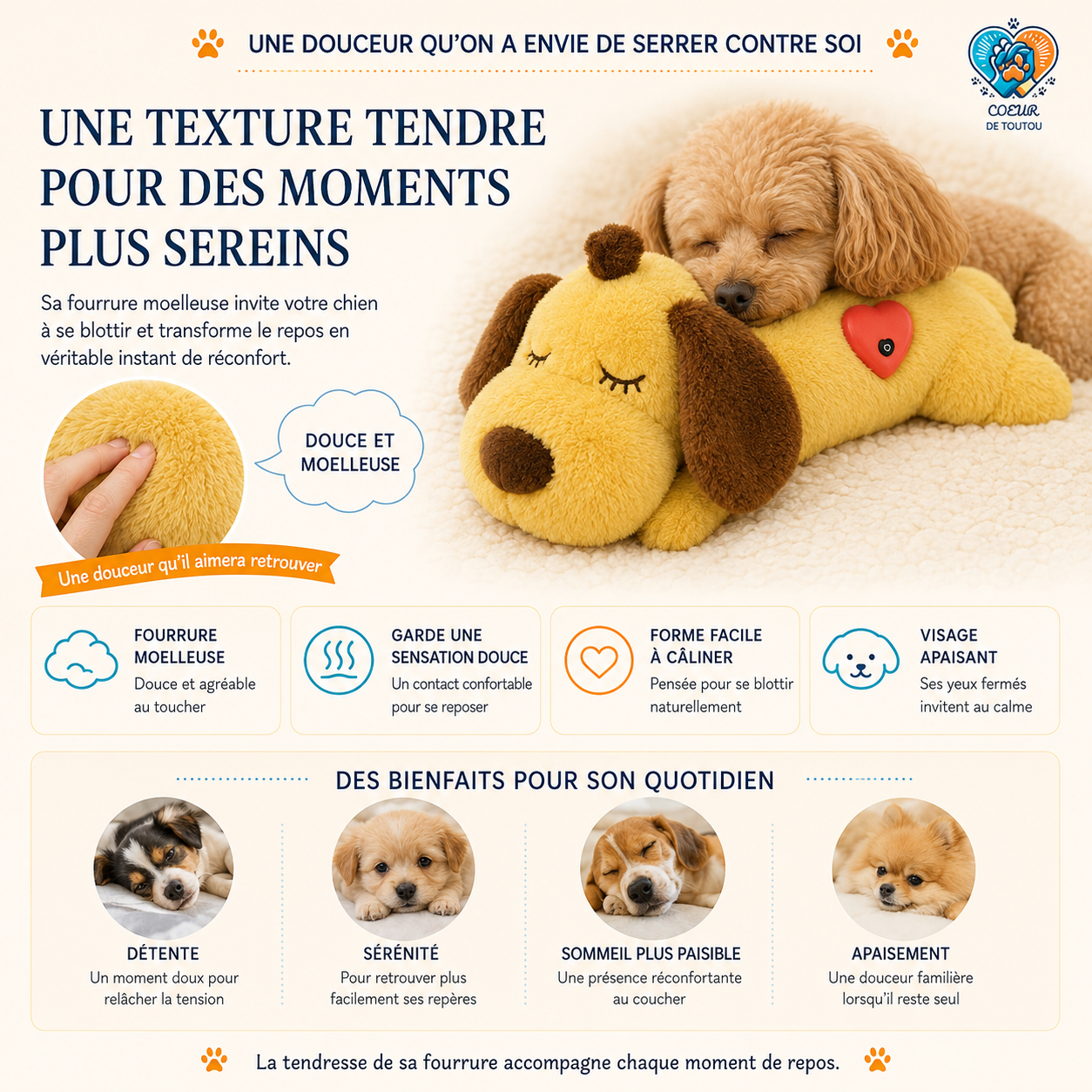 Peluche apaisante à battement de cœur pour chien et chat | Cœur’Doudou™