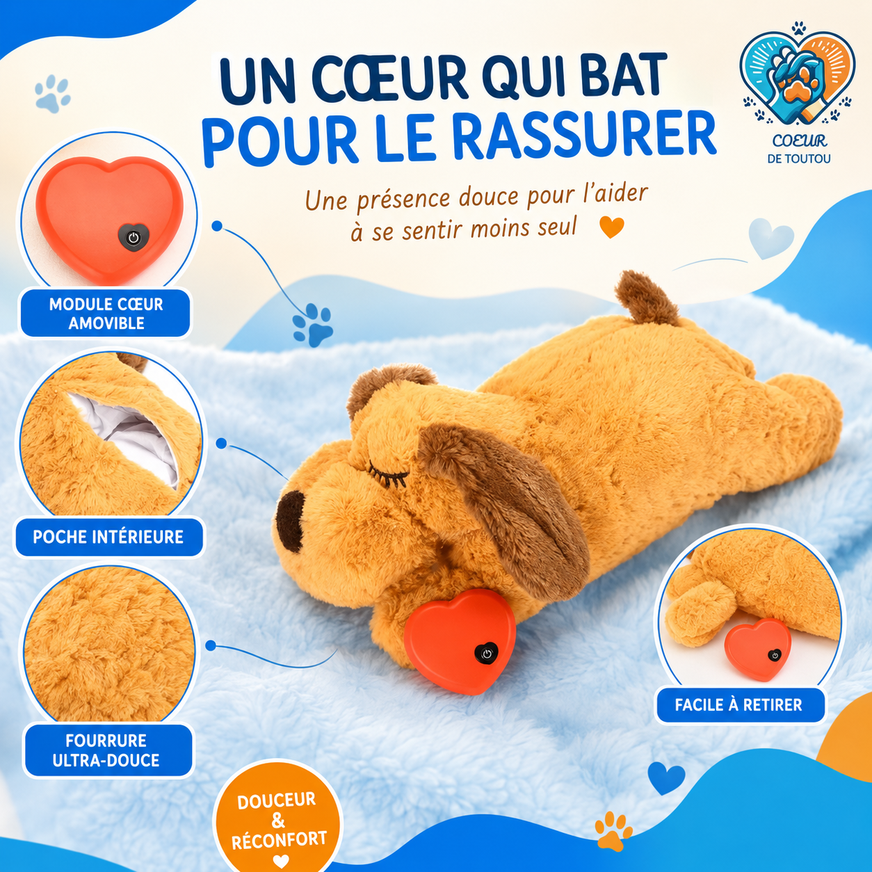 Peluche apaisante à battement de cœur pour chien et chat | Cœur’Doudou™
