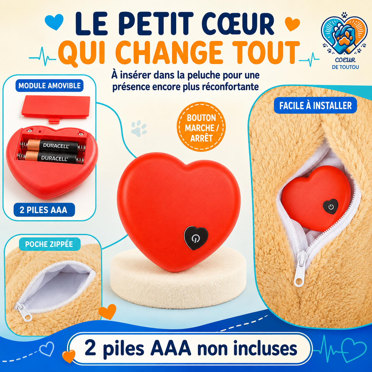 Peluche apaisante à battement de cœur pour chien et chat | Cœur’Doudou™